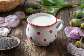 A cup of poppy seed milk on a table