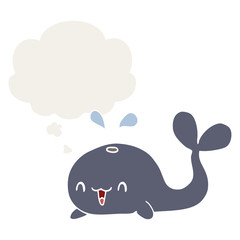cartoon happy whale and thought bubble in retro style