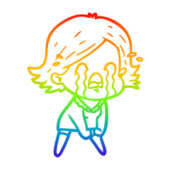 rainbow gradient line drawing cartoon woman crying