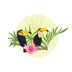 Couple of toucans sitting on the branch in the jungle. Vector illustration