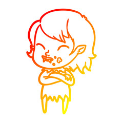 warm gradient line drawing cartoon vampire girl with blood on cheek