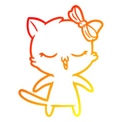 warm gradient line drawing cartoon cat with bow on head