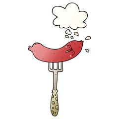 cartoon happy sausage on fork and thought bubble in smooth gradient style