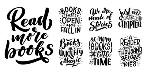 Set with abstract lettering about books and reading for poster design. Handwritten letters. Typography funny quotes. Vector