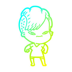 cold gradient line drawing cute cartoon girl with hipster haircut