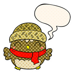 cute cartoon owl in hat and speech bubble in comic book style