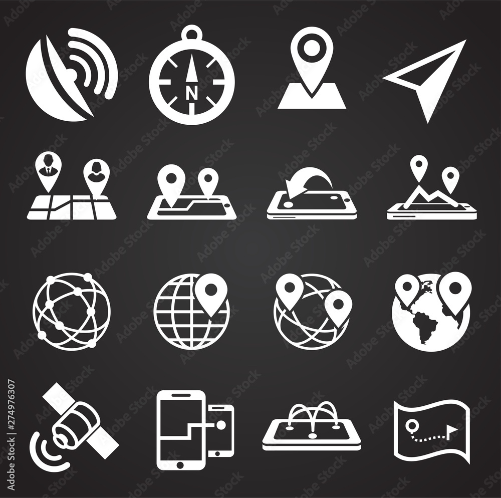 Poster geolocation related icons set on background for graphic and web design. simple illustration. interne