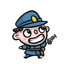 Obraz premium Cute smiling kid in policeman blue clothes with plastic pistol