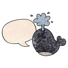 cartoon spouting whale and speech bubble in retro texture style