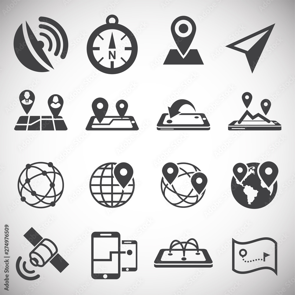 Poster geolocation related icons set on background for graphic and web design. simple illustration. interne