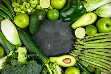 Green vegetables. Healthy food. Varietes of green healthy food vegetables and fruits. Healthy eating, keto diet, dieting concept. Top view