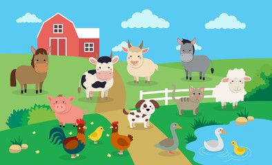 Animaux de la ferme avec paysage - illustration vectorielle en style cartoon, illustration de livre pour enfants