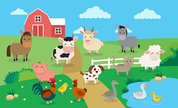 Farm animals with landscape - vector illustration in cartoon style, children s book illustration