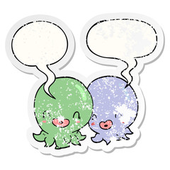 two cartoon octopi  and speech bubble distressed sticker