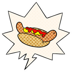 cartoon fresh tasty hot dog and speech bubble in comic book style