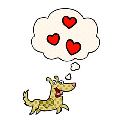 cartoon dog with love hearts and thought bubble in comic book style