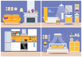 Cute modern apartment interior - living room, kitchen, bathroom, bedroom, house design. Vector illustration in flat style in purple in yellow.