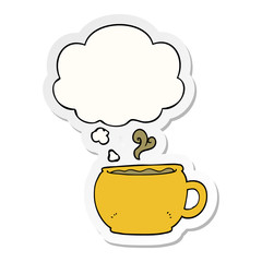 cartoon coffee cup and thought bubble as a printed sticker