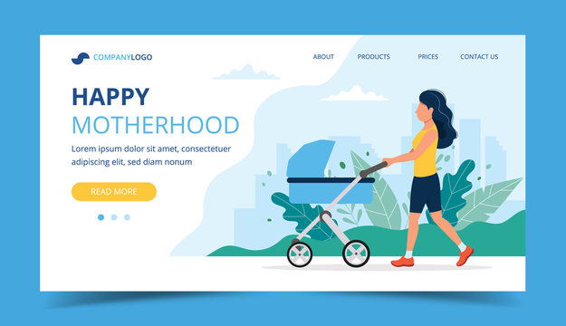 Happy motherhood landing page - woman walking with a baby carriage in the park. Concept vector illustration for parenthood products and services.