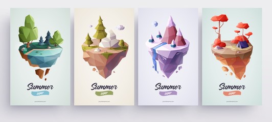 Low polygonal geometric nature islands. Vector Illustration, low poly style. Background design for banner, poster, flyer, cover, brochure.