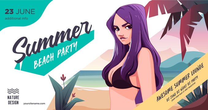 Summer party poster or flyer design template with sexy female on the beach. Party invitation. Modern style. Vector illustration