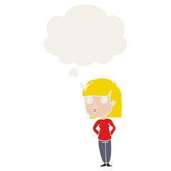 cartoon woman staring and thought bubble in retro style