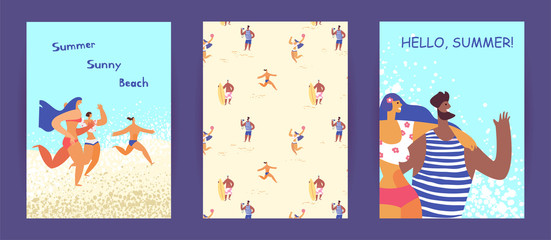 Vector cards, cover with illustrations of active characters on summer vacation, beach, leisure, summertime