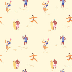 Summer beach and people seamless pattern. Summertime, vacation, journey illustration.