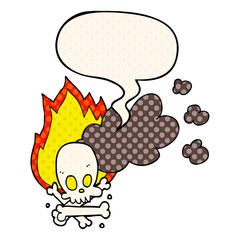 cartoon spooky burning bones and speech bubble in comic book style