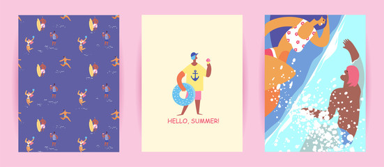 Vector cards, cover with illustrations of active characters on summer vacation, beach, leisure, summertime