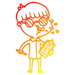 warm gradient line drawing cartoon boy wearing spectacles with clip board