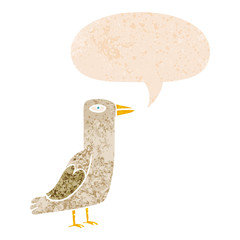 cartoon bird and speech bubble in retro textured style