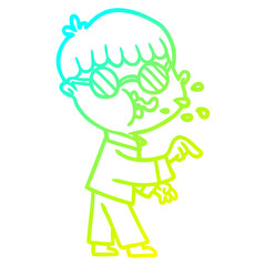 cold gradient line drawing cartoon boy wearing spectacles and making point