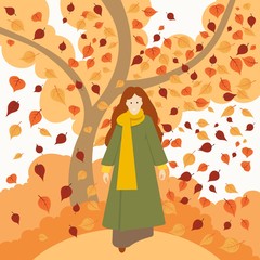 girl in autumn clothes on a background of a tree and autumn leaves