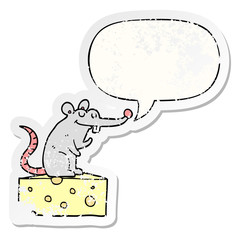 cartoon mouse sitting on cheese and speech bubble distressed sticker