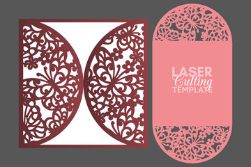 Laser cut wedding invitation card with pattern of butterflies and flowers template vector. Cutout paper gate fold card cutting template. Suitable for greeting cards, invitations, menus.