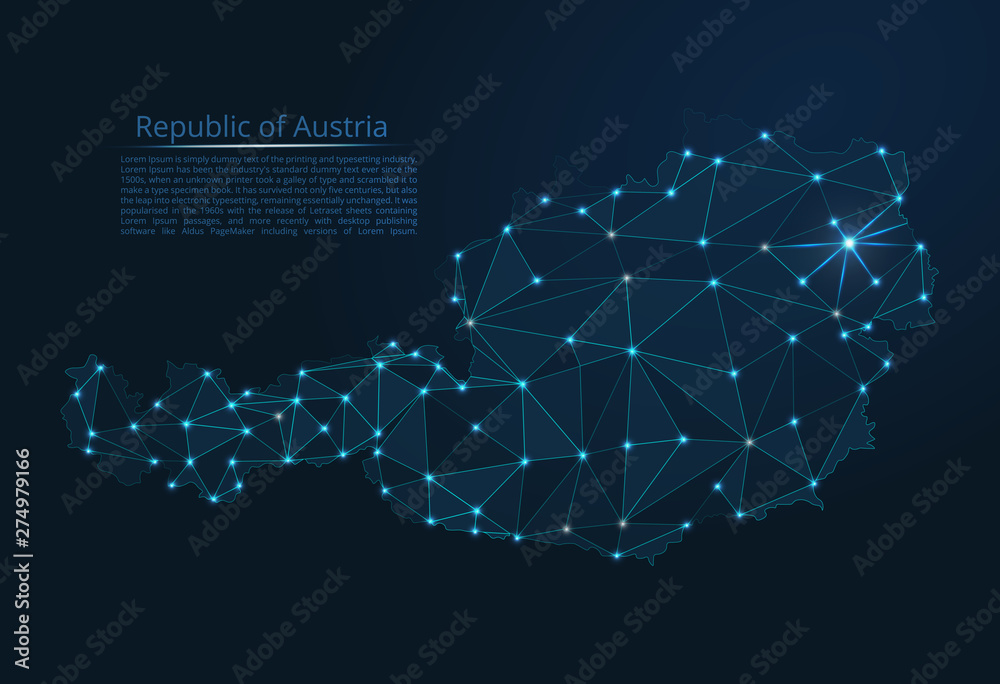 Poster the map of the network of the austria. vector low-poly image of a global map with lights in the form