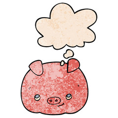cartoon happy pig and thought bubble in grunge texture pattern style