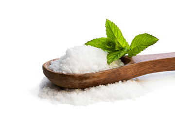 Wooden spoon with sea salt isolated on white