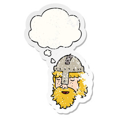 cartoon viking face and thought bubble as a distressed worn sticker