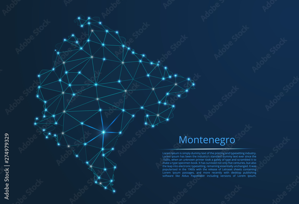 Poster montenegro communication network map. vector low poly image of a global map with lights in the form 