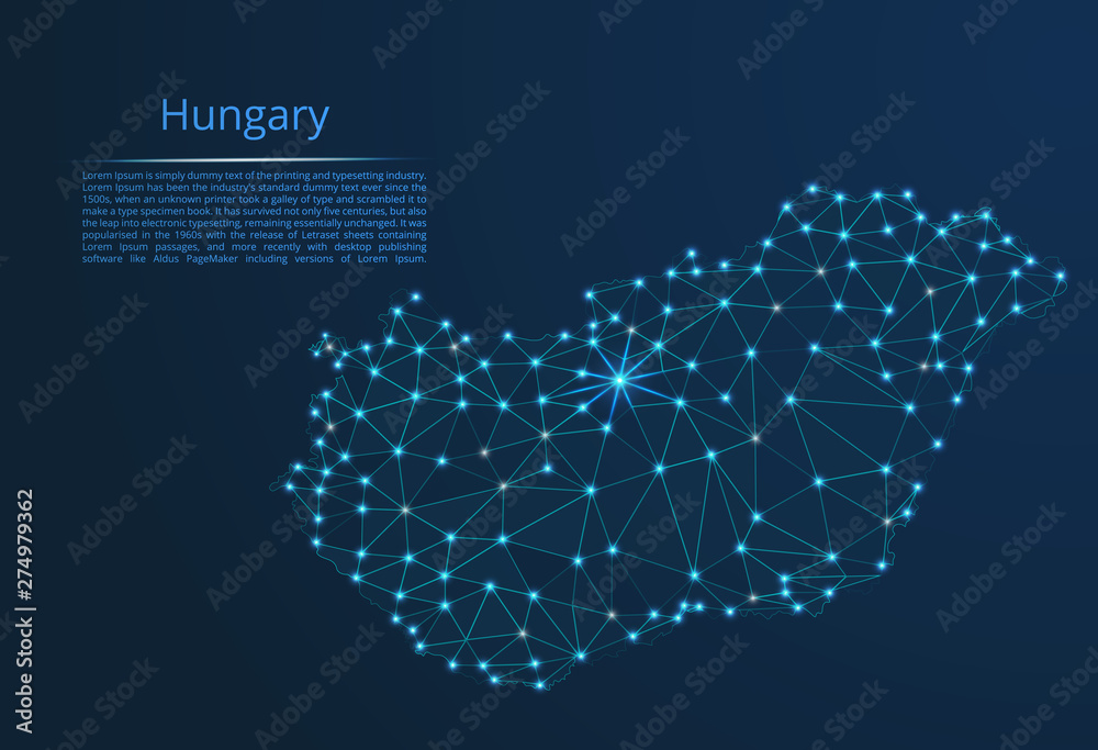 Poster hungary communication network map. vector low poly image of a global map with lights in the form of 