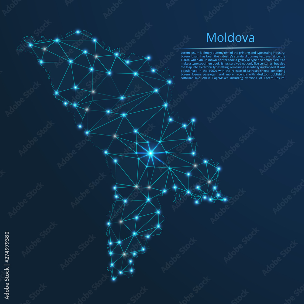 Aufkleber moldova communication network map. vector low poly image of a global map with lights in the form of 