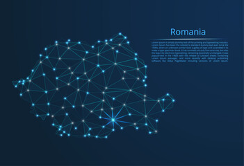 Romania communication network map. Vector low poly image of a global map with lights in the form of cities in or population density consisting of points and shapes in the form of stars and space.