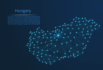 Hungary communication network map. Vector low poly image of a global map with lights in the form of cities in or population density consisting of points and shapes in the form of stars and space.