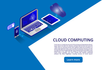 Isometric modern cloud technology and networking concept. Web cloud technology business. Cloud computing online storage low poly. Polygonal future modern internet business technology.