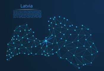 Latvia communication network map. Vector low poly image of a global map with lights in the form of cities in or population density consisting of points and shapes in the form of stars and space.
