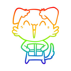 rainbow gradient line drawing happy little cartoon dog with present