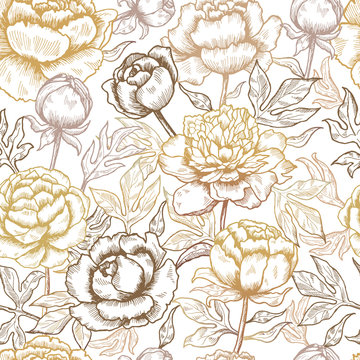 Floral pattern. Peonies textile design pictures of flowers and leaves nature vector seamless background. Illustration of pattern seamless sketch flower