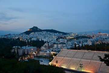 View of Athens, Greece over the Panathenaic Stadium